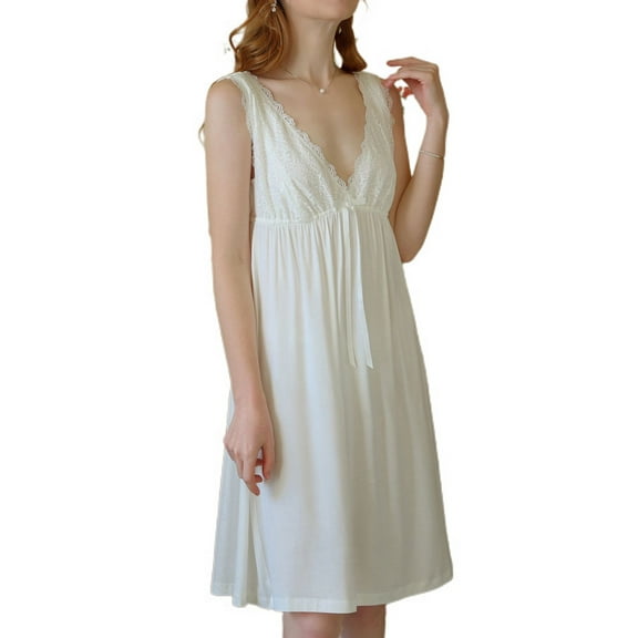 Defitshape Women's Sleeveless Victorian Nightgown Summer Soft Lace Pj Vintage Princess Cotton Nighty Elastic High Waist Scalloped Deep V Neck Pleated Midi Pajama Dress Sleepwear White Medium
