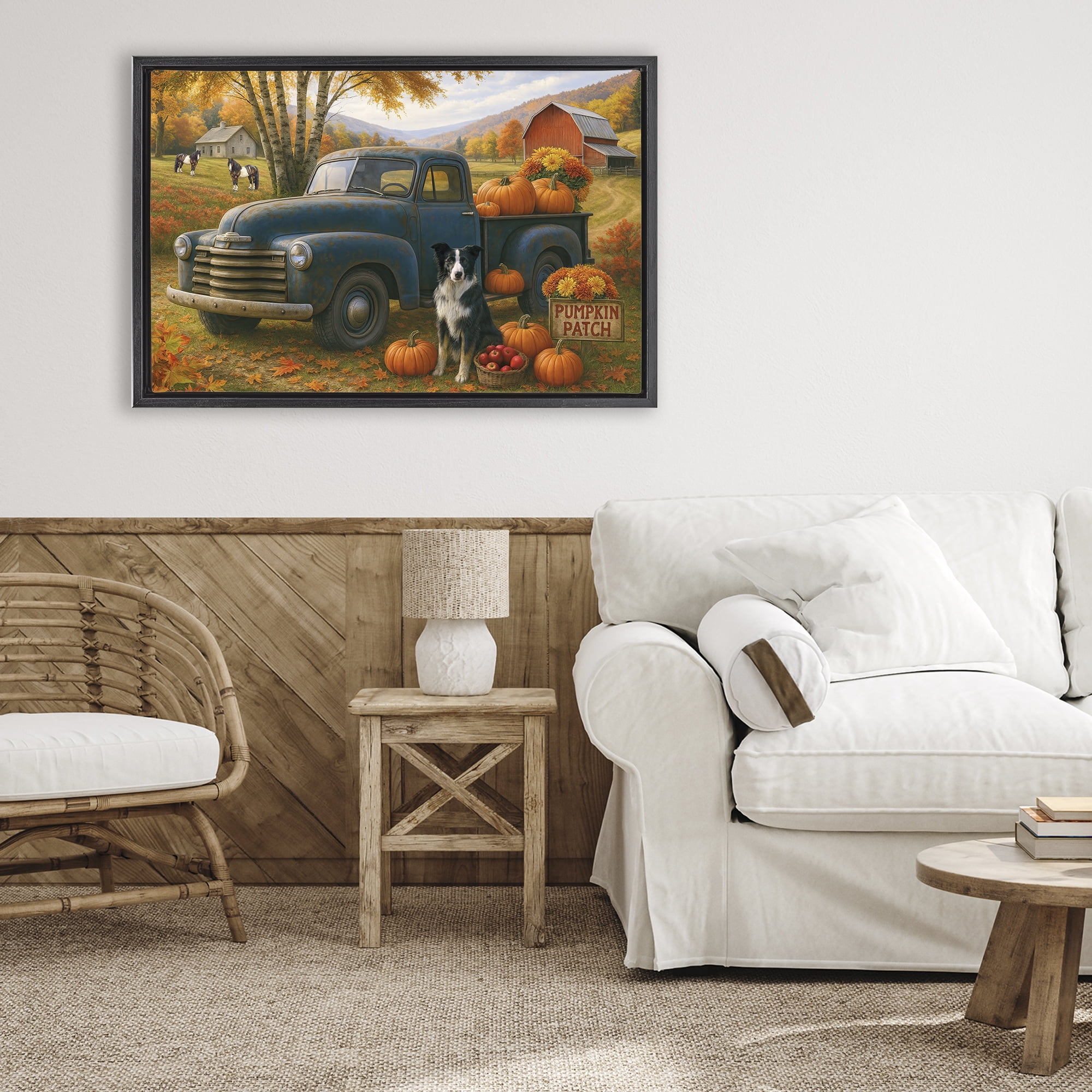 Autumnal Farmland Collie Dog Black Framed Floater Canvas Wall Art, design by Tom Crehan
