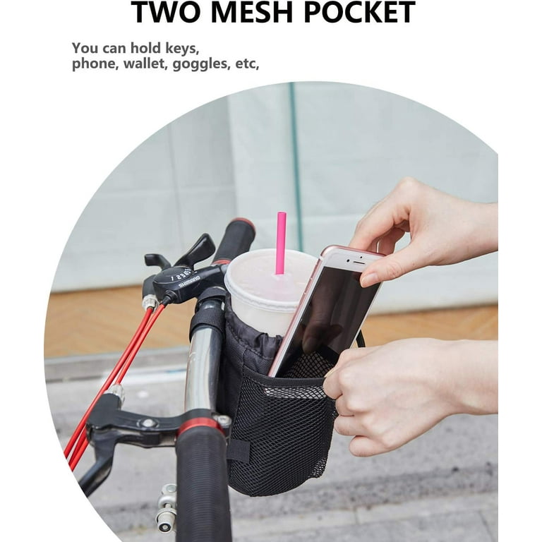 Kemimoto Bike Cup Holder, Bike Water Bottle Holder Bicycle Handlebar Drink Holder with Mesh Pockets Phone Bag for Cruiser, Mountain Bike, Scooter