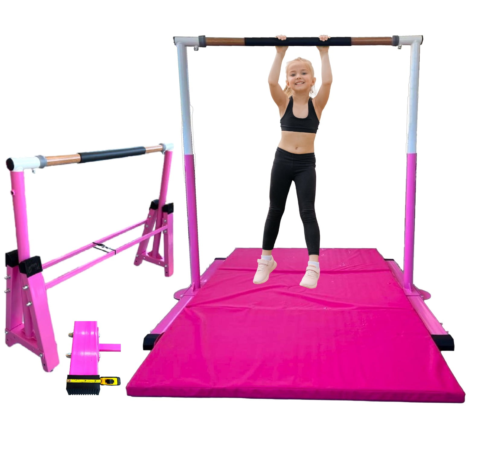 Gymnastics Bar for Kids with 6’x4’ Mat, Adjustable Height 3 to 5 FT and