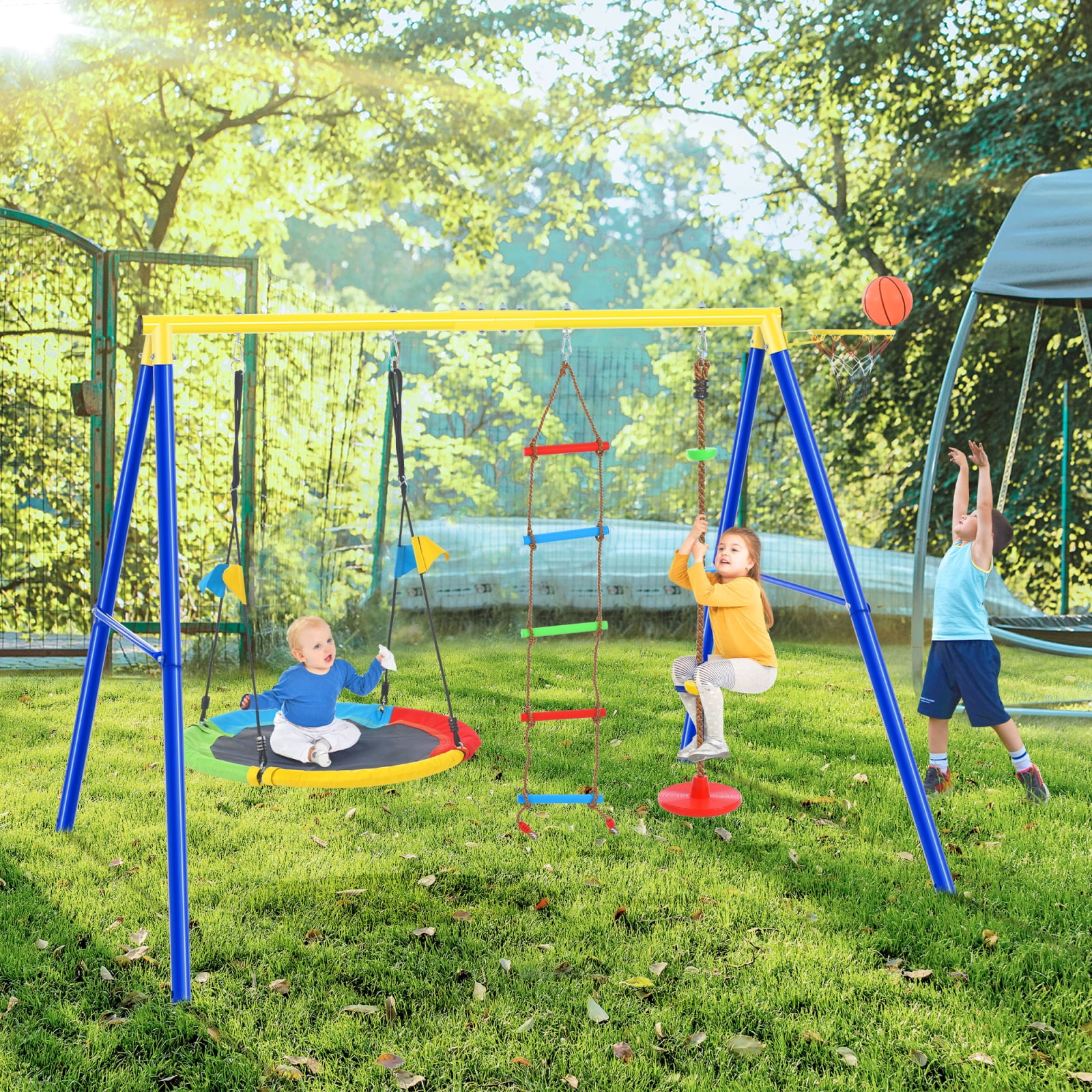 Pouseayar Kids Saucer Swing Set, Climbing Rope with Disc Tree Swing