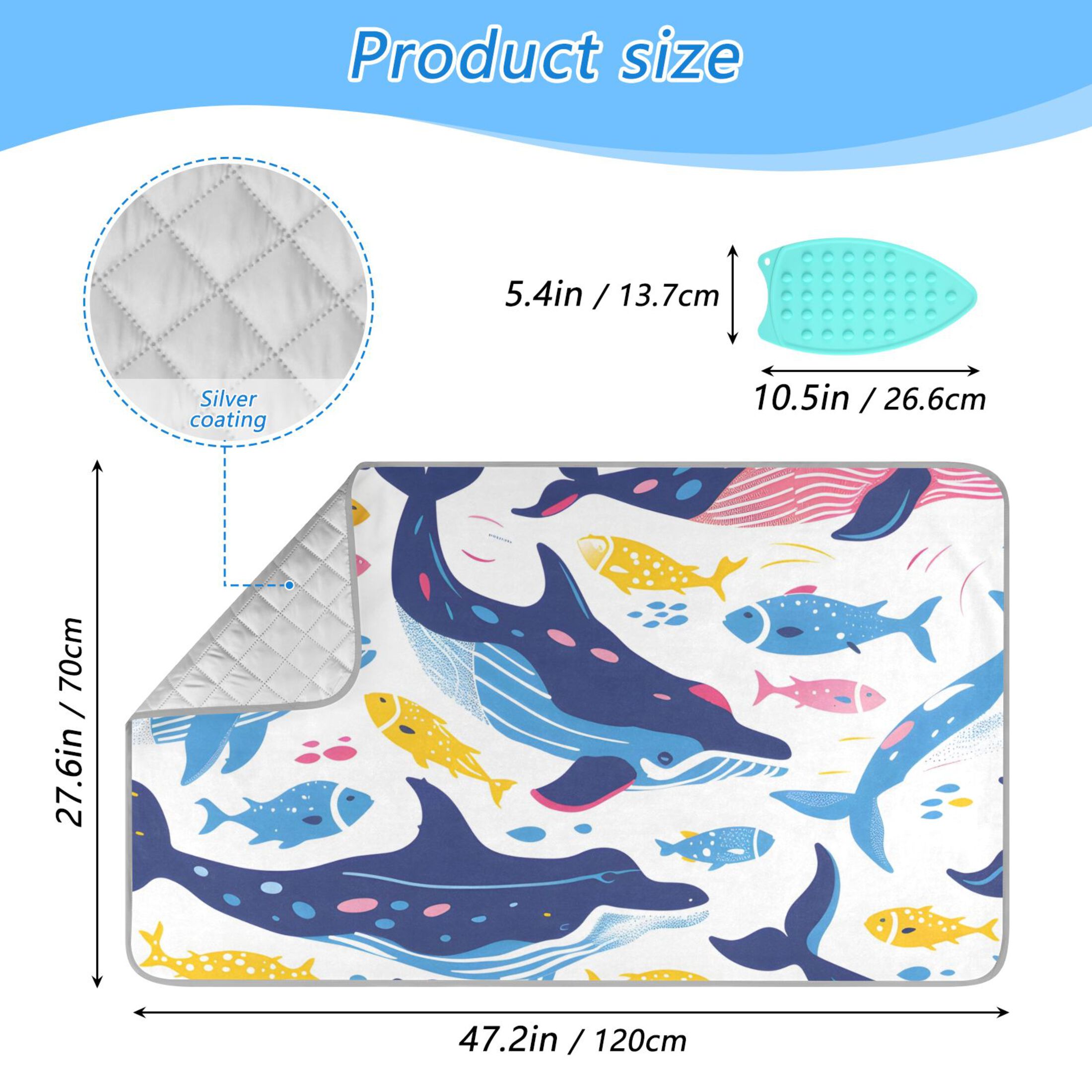 Colorful Whales Fishes Ironing Mat Blanket Portable Travel Ironing Pad Heat Resistant Pad 47.2" x 27.6”