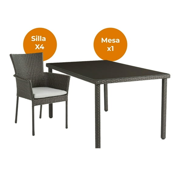 Set de Comedor para Exterior de 1Mesa + 4 Sillas Tipo Ratán, Modelo Noa