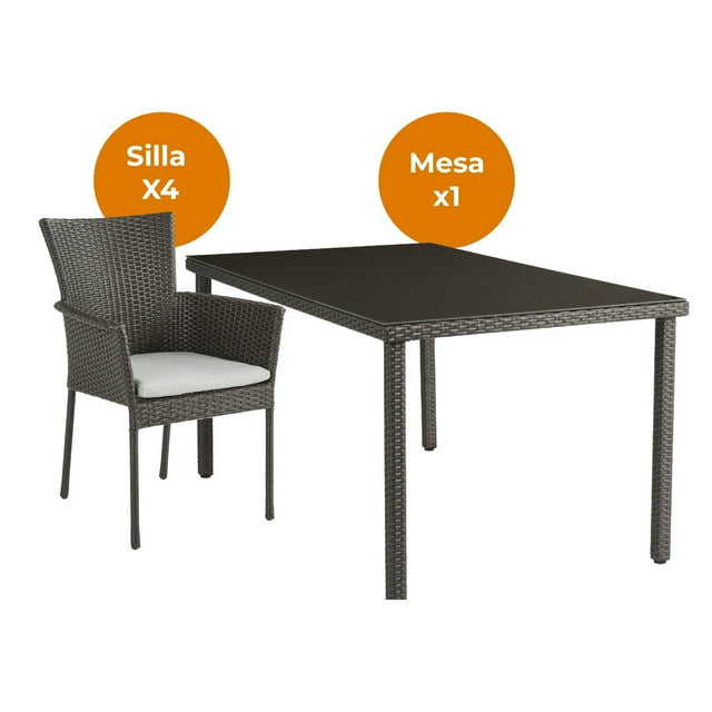 Set de Comedor para Exterior de 1Mesa + 4 Sillas Tipo Ratán, Modelo Noa