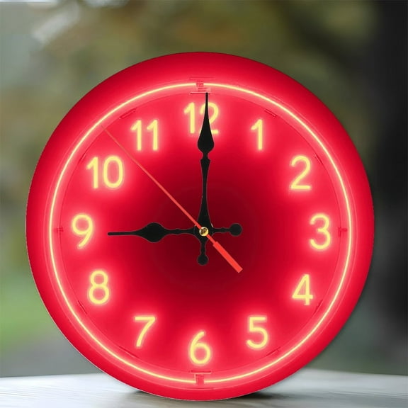 Red Neon Clock Wall Decor  Home Office 10-Inch Silent Wooden Wall Clock, Battery Operated (AA Batteries Not Included), Artistic Home Decor