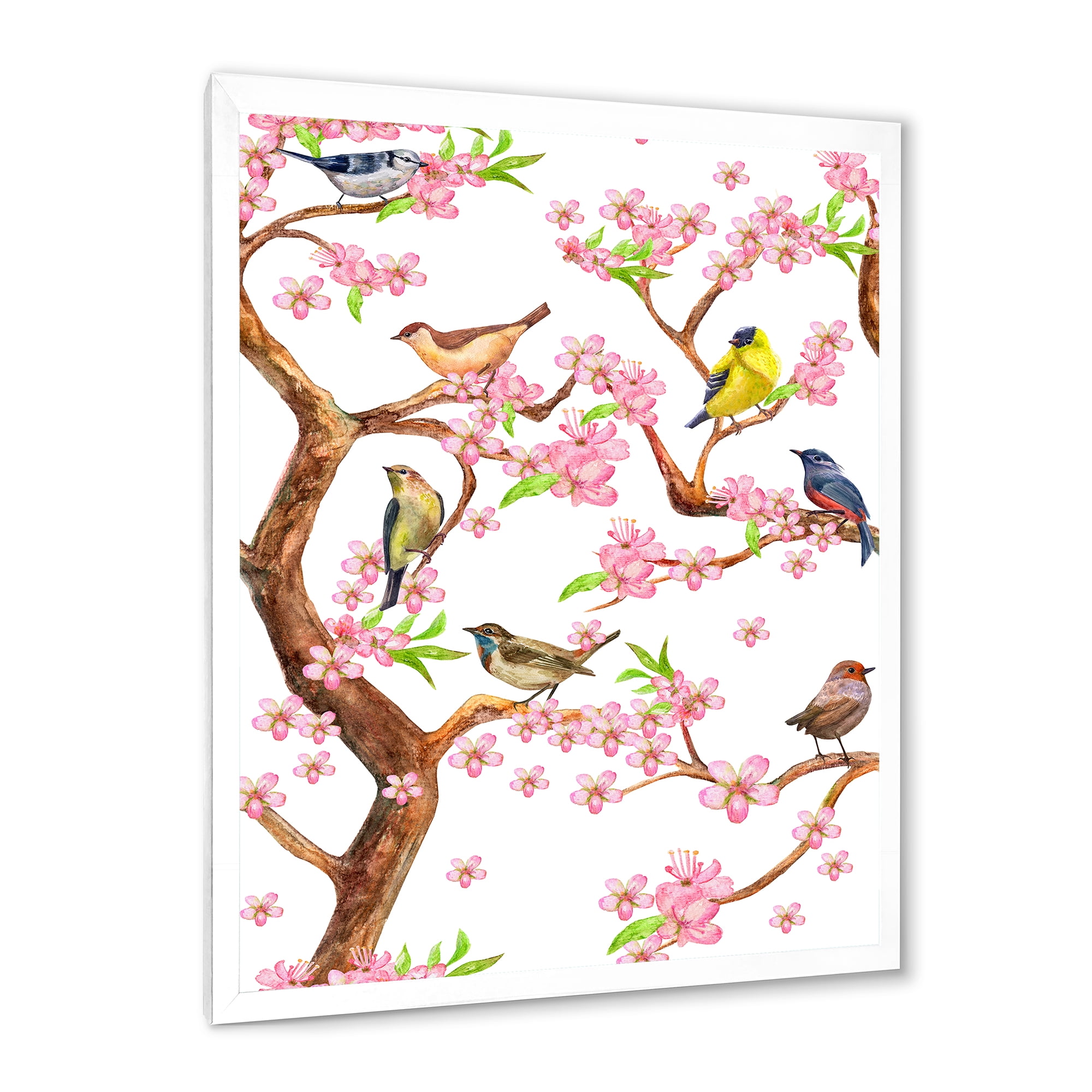 Colorful Little Birds On Spring Flowers Tree 30 in x 40 in Framed Painting Canvas Art Print, by Designart