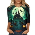 thumbnail image 2 of Shihyeh Women Halloween Jackolantern Print Blouse V Neck 3/4 Sleeve Flare Sleeve Button Front Dressy Casual Top for Adult, 2 of 5