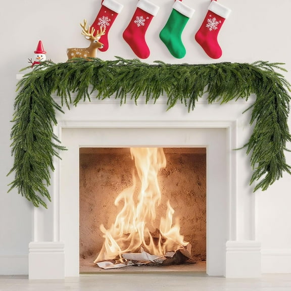 9 FT Artificial Norfolk Pine Garlands, Real Touch Winter Pine Garland, Green Realistic Greenery Garland for Holiday, Window, Fireplace, Mantle, Indoor Outdoor, Christmas Decor (1 Pcs)