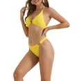 thumbnail image 4 of Conjunto de bikini de dos piezas con textura acanalada para mujeres INSPIRE CHIC, parte superior halter, parte inferior triangular con anillo en forma de corazón, trajes de baño en amarillo, 4 of 5