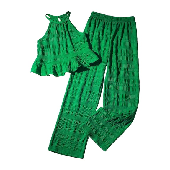 Sentuca Kids Girls Outfit Sets Green Ruffle Tank Tops and Wide Leg Pants 2 Piece Summer Clothes Size 13 Years