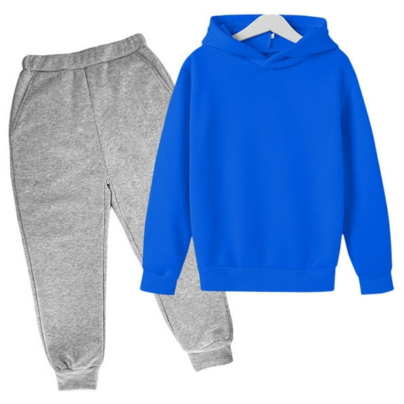 MHZLDYZ Children'S Hoodie Outfits Autumn And Winter Solid Color Padded Hoodie Sweatshirt Sweat Pants Set 2 Piece Set Girls Tops Size 10-12 (Blue,150)