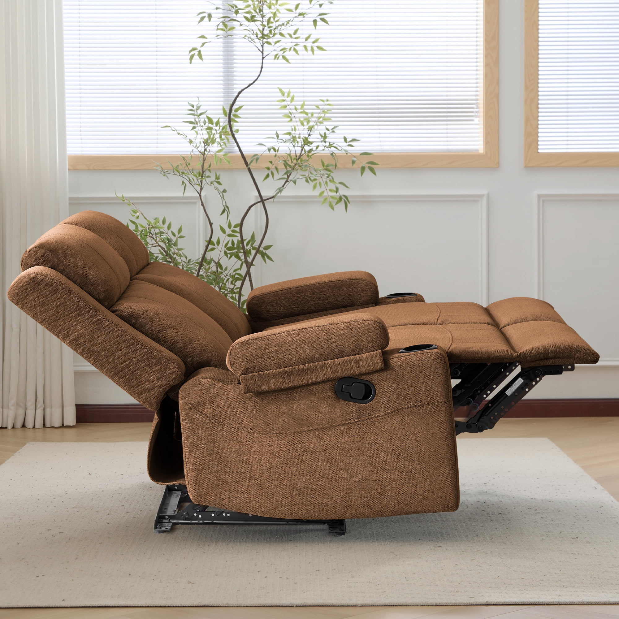 Chenille Reclining Couch, Manual Reclining Loveseat with Cup Holders, Wide Seat, Spill-Resistant Fabric, Easy Assembly, for Living Room/Apartment/RV Recliner Sofa