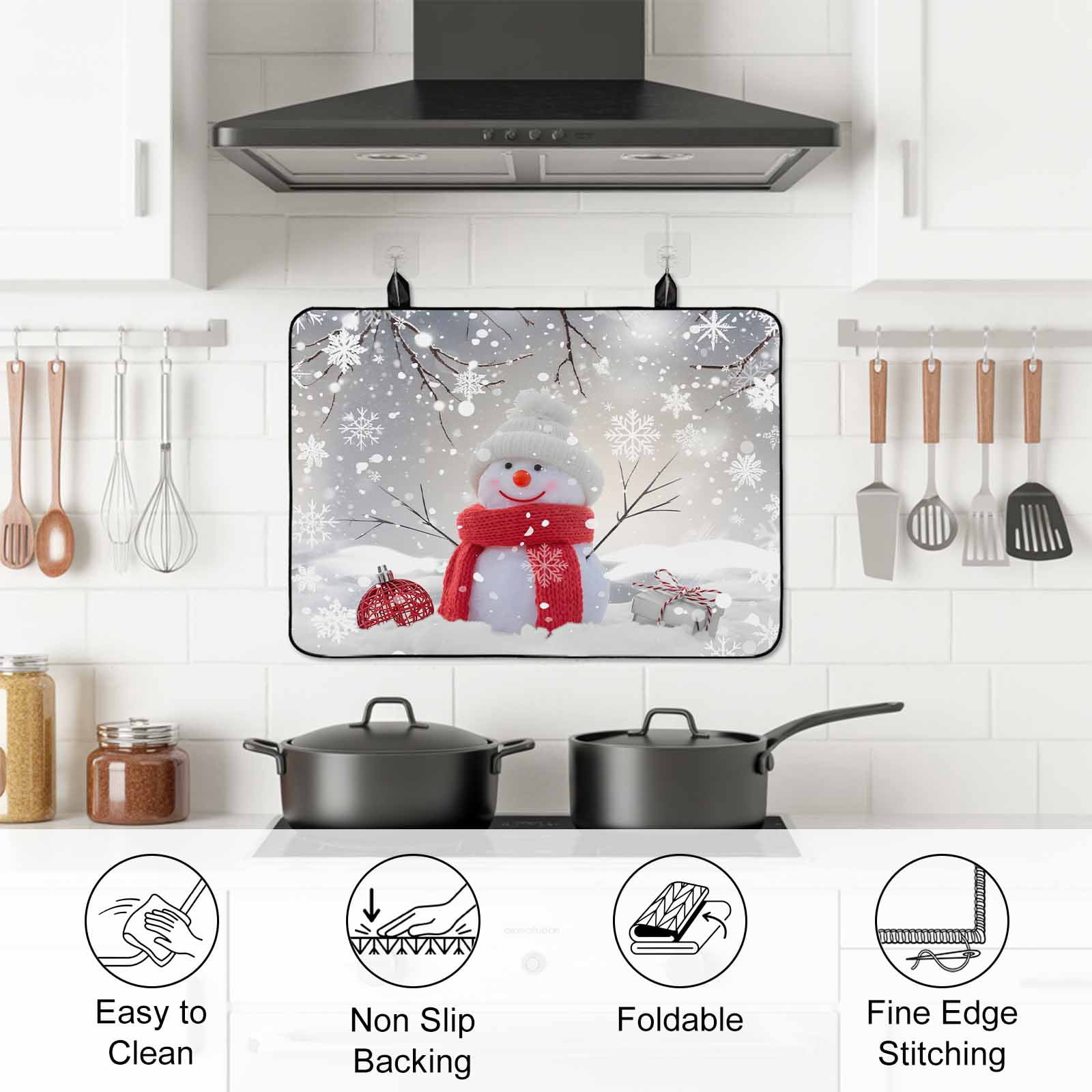 Grey Snowman Christmas Stove Top Cover for Electric Stove, Heat-proof & Non Slip Glass Top Stove Cover Protector, Xmas Snowflake Branch Kitchen Flat Cooktop Rubber Mat 24x21 Inches