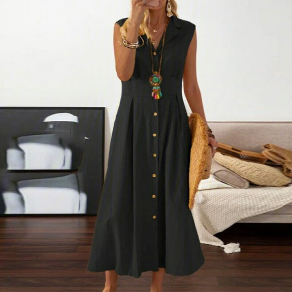 zanvin Summer Dresses 2023, Mode d'Approbation Women Automne Solide Causal Col Sans Manches Vacances Bouton Dress