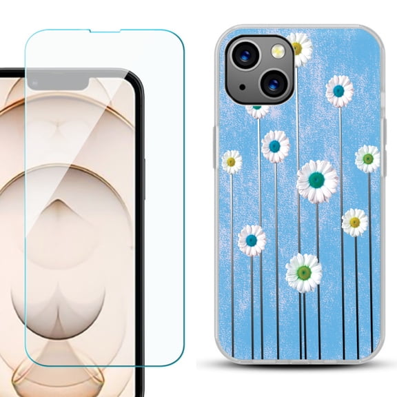 Slim-Fit Flexible TPU Gel Phone Case for iPhone 13, with Tempered Glass Screen Protector, by OneToughShield ® - Daisy Sky