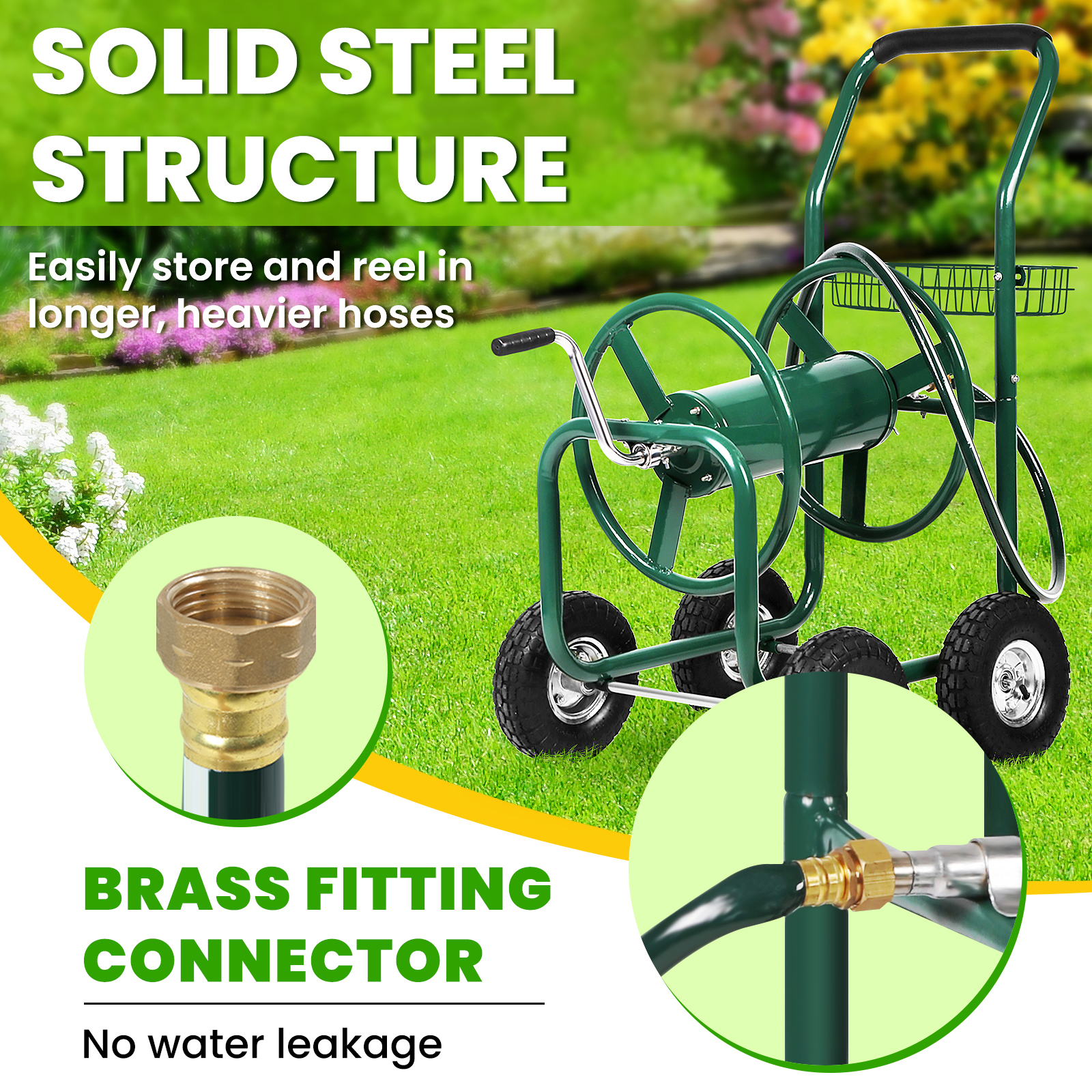 BIQWBIC 300ft Heavy Duty Hose Reel Cart - Steel Garden Water Hose Storage Cart with 8" Wheels, Foam Grip Handle, Outdoor Yard Hose Reel for Lawn & Garden (Green)