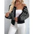 thumbnail image 6 of Womens - Plaid Blazer Dressy Casual Button Front Cardigan Crew Neck Long Sleeve Texture Knit Jackets Black S, 6 of 9