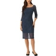 thumbnail image 1 of INSPIRE CHIC Robe en Dentelle à Manches 3/4 pour Femmes Col Carré Midi Droite Fatiguée m Bleu Marine, 1 of 6