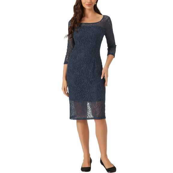 INSPIRE CHIC Lace 3/4 Sleeve Dress for Women Square Neck Midi Straight Tired XS Navy Blue