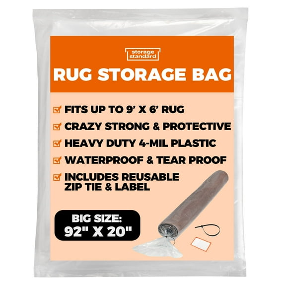 Storage Standard Rolled Rug Storage Bag, 2 Pack - 92” x 20” - Clear, Reusable Rug Shipping Bag, Waterproof 4 Mil Thick Plastic Heavy Duty Rug Cover, Fits Rolled Carpet Up to 6’ x 9’