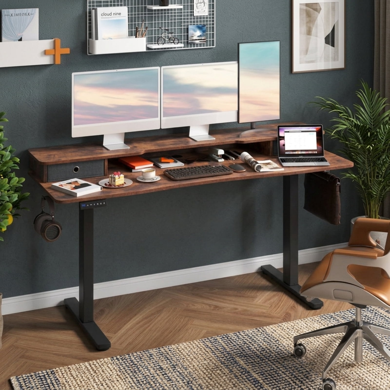Furnibear 63 x 24 Inch Electric Standing Desk with 2 Fabric Drawers Monitor Shelf Memory Presets and Cable Management for Home Office, Rustic Brown