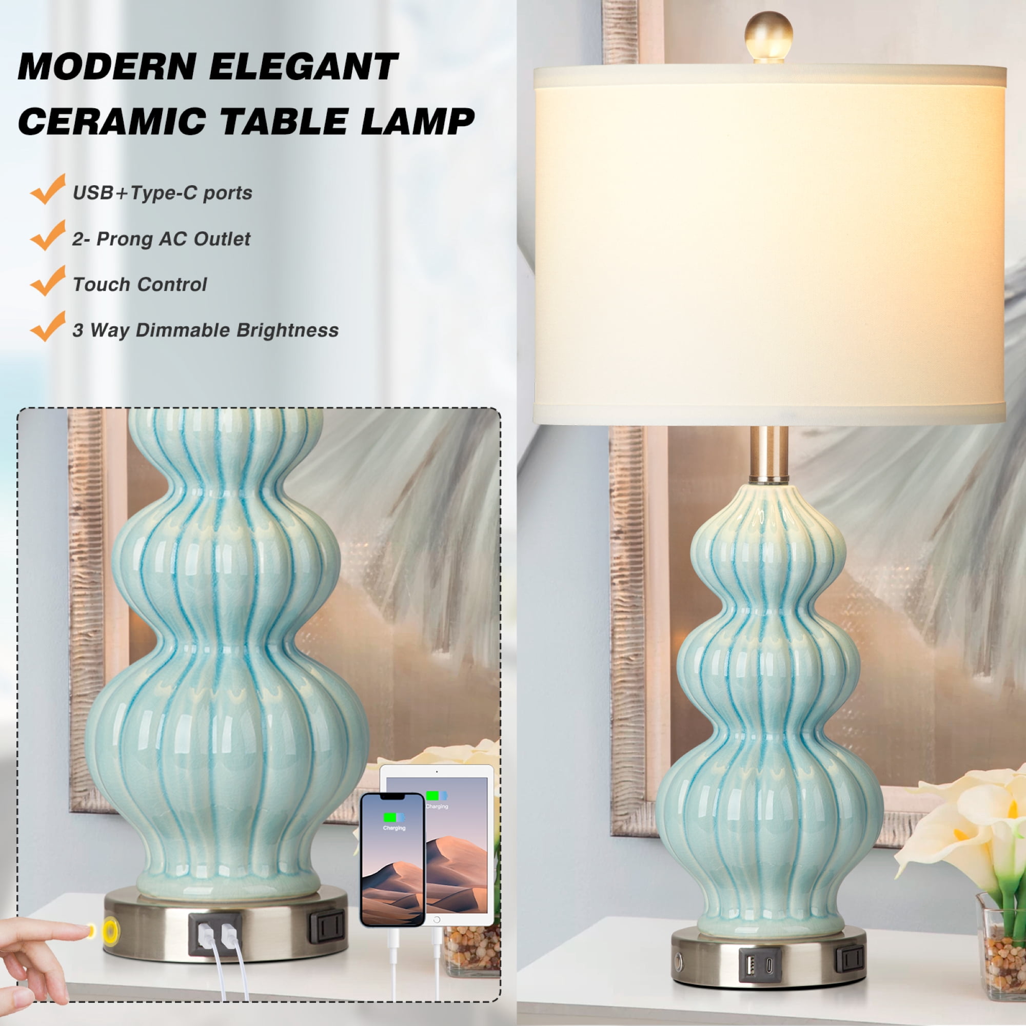 Cinkeda Triple Gourd Ceramic Table Lamp Set of 2 with USB A+C Ports AC Outlet for Bedroom Living Room Modern Blue 3 Way Dimmable Touch Control Bedside Nightstand Lamps