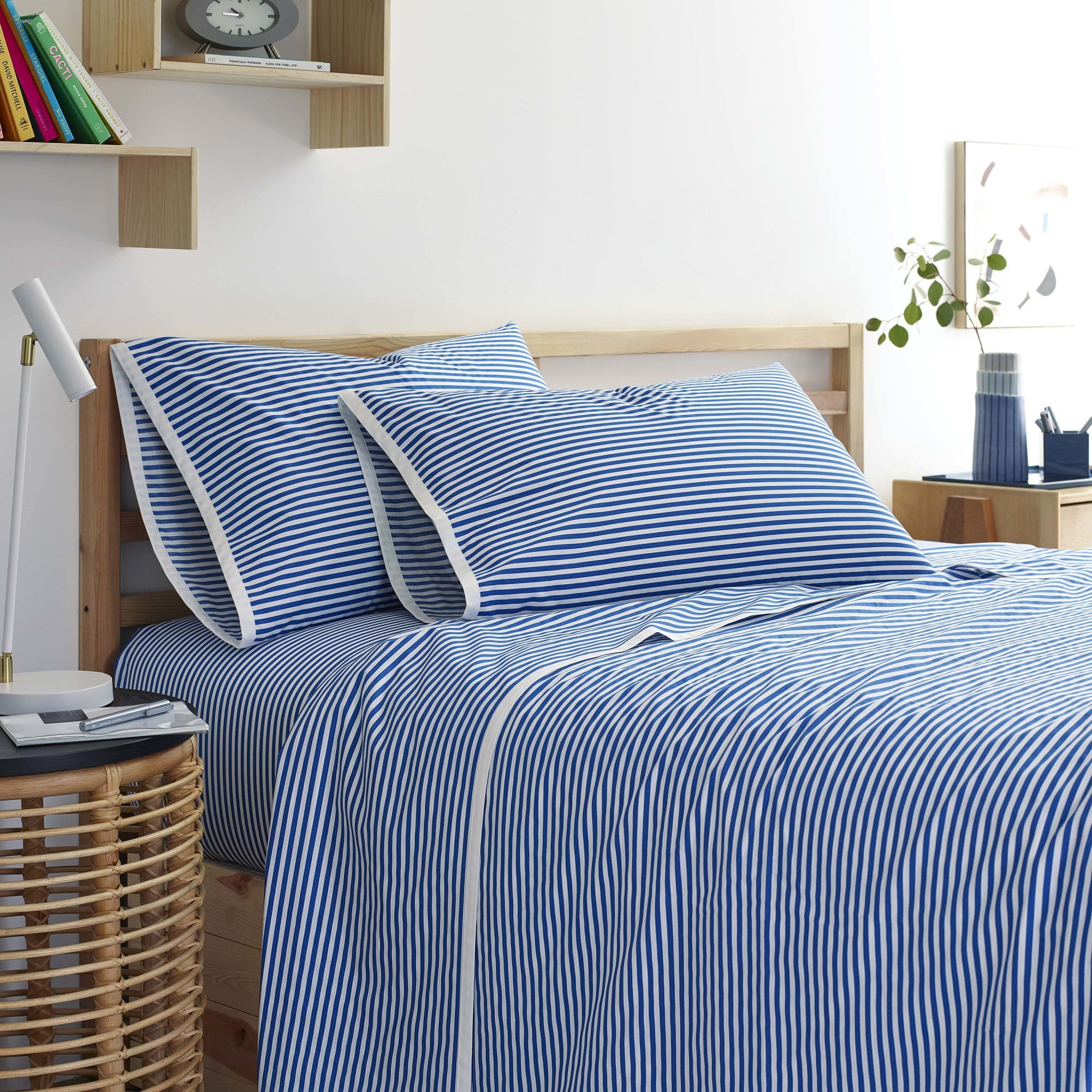Martex Clean AF Antimicrobial Pinstripe Sheet Set, White/Blue, Queen