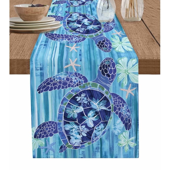 Blue Turtle Coastal Table Runner 72 Inches, Beach Nautical Summer Sea Retro Bed Runner Dresser Scarves Tabletop for Indoor Outdoor Parties/Ceremony/Banquet, 13" x 72"