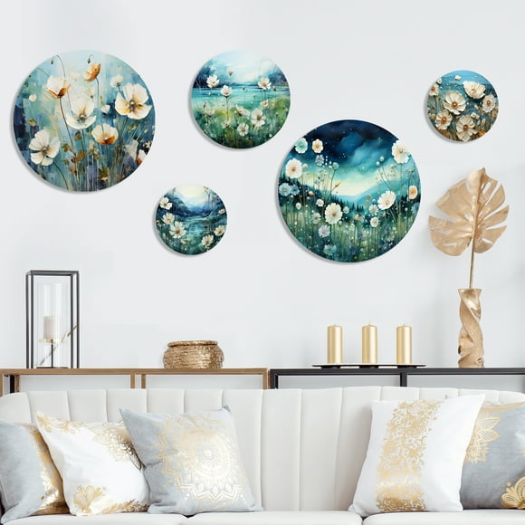 Designart "Mist-Clad Floral Expanse" Large Metal Wall Art Set - Multi Panel Traditional Metal Art Decor
