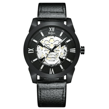 Mens Quartz Watch Black Case Leather Skull 3 Hands Analog Display Fashion Mens Choice Best for Gift (Best Hand Wound Watches)