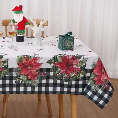 

Yesfashion Christmas Table Cloth Waterproof Buffalo Plaid Floral Printed Holiday Xmas Table Cloth for Home Dining Party