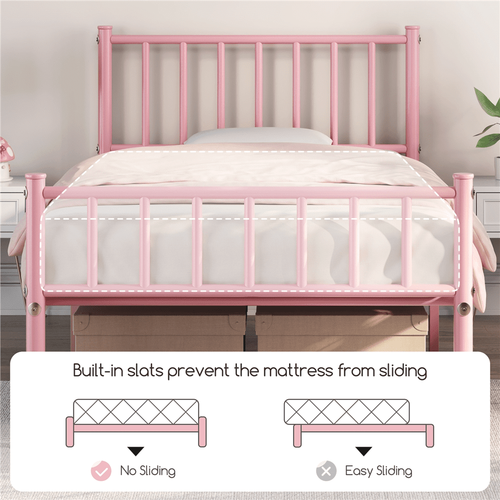 Yaheetech Metal Bed Frame with Spindle Headboard and Footboard,Twin,Pink