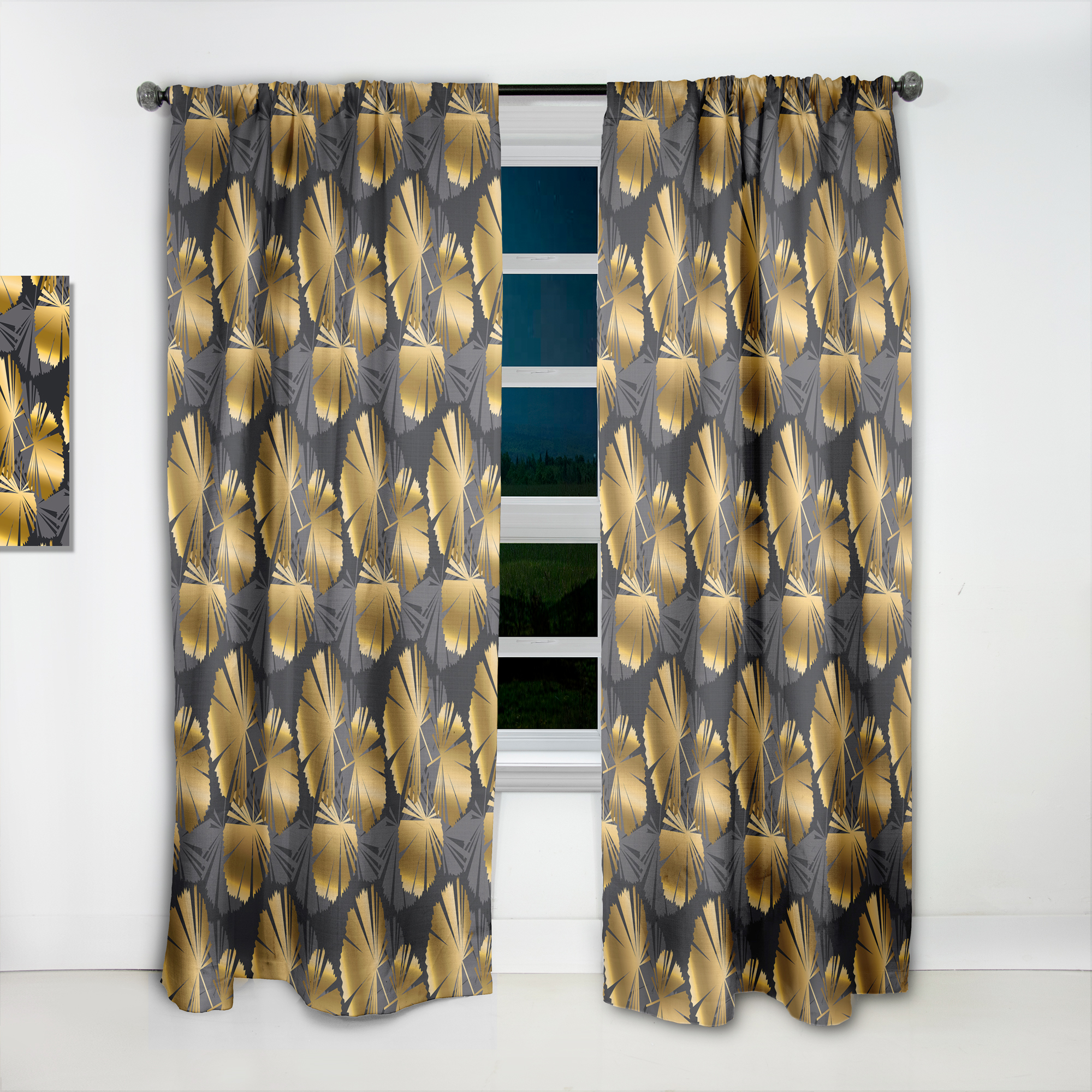 Designart 'Palm Golden Leaves III' Mid-Century Modern Curtain Panel