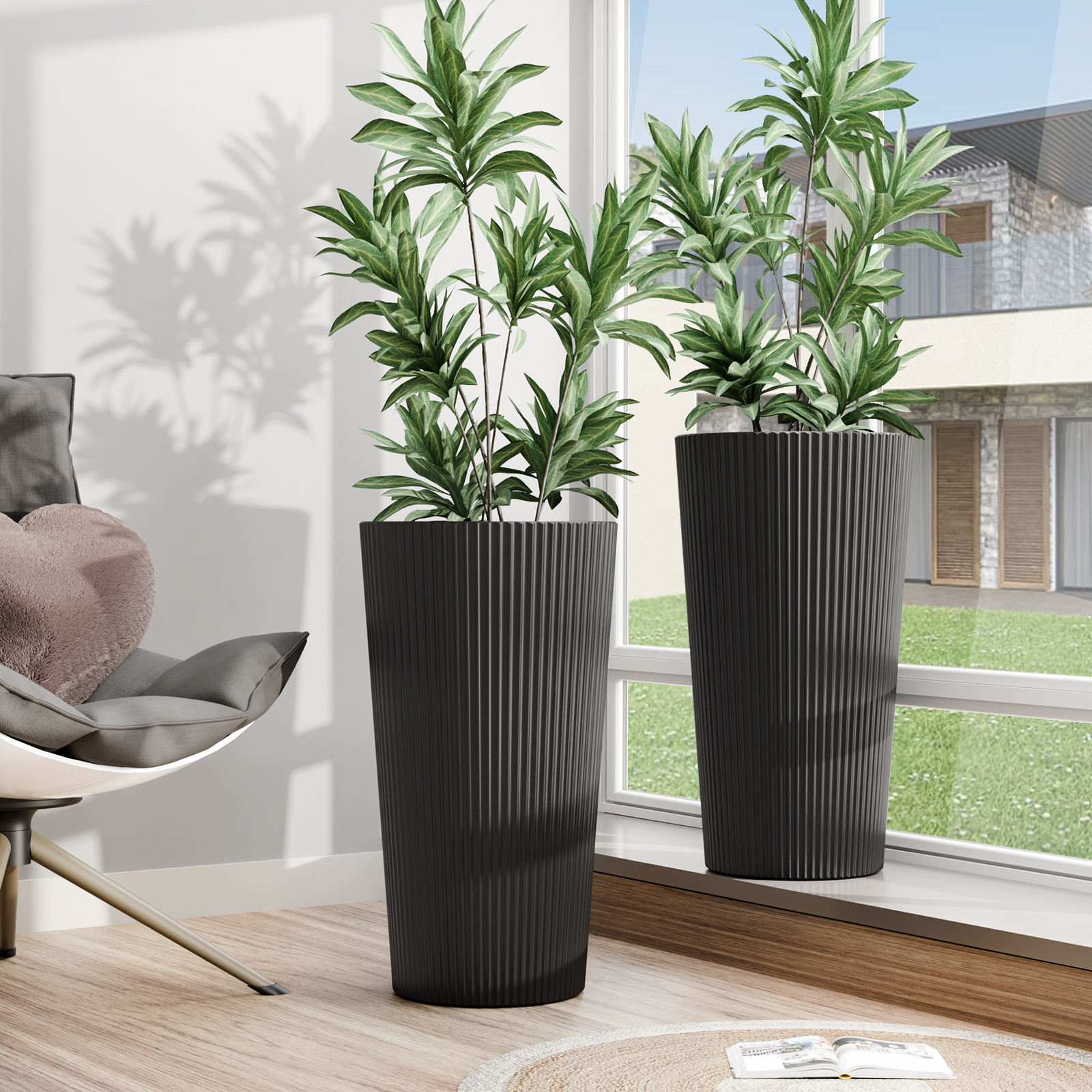 Chiccushion 23.6 inch Tall Planter Set of 2, Large Plastic Round Planter for Outdoor Indoor Garden Patio Front Door, Black