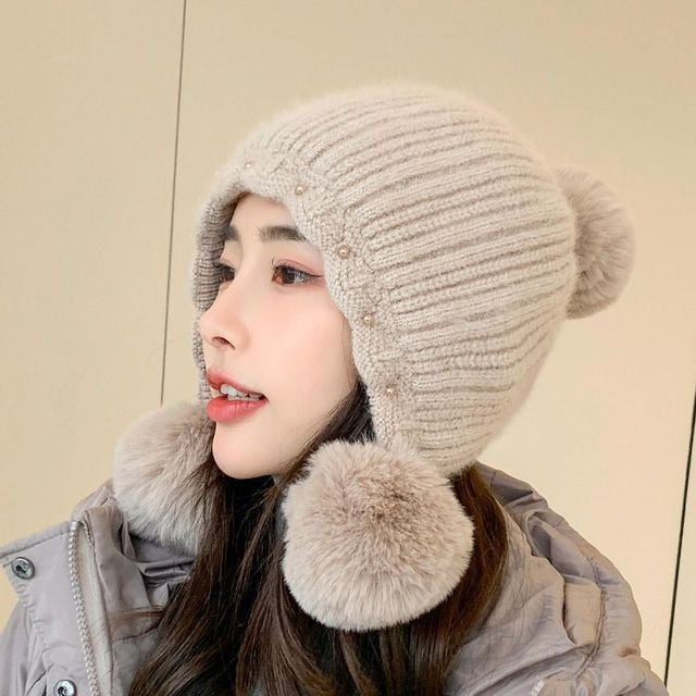 Women Winter Beanie Hat Knitted Chunky With Double Pom Pom Ladies Faux Fur  Hats