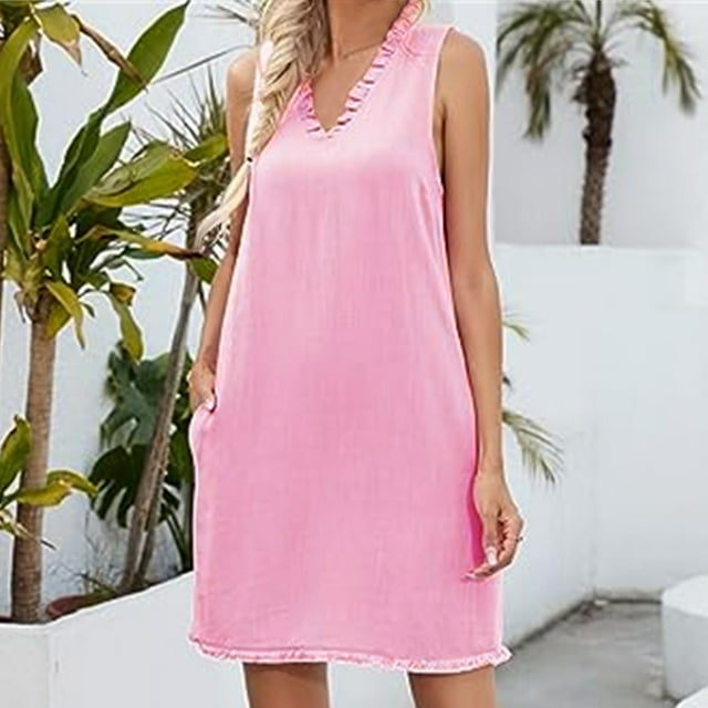 Gspmoly Robe pour Femmes, Mode Décontractée pour Femmes Sans Manches à Col en V avec Poches, Robes Unies, Robes d'Été pour Femmes, Cadeaux de Vacances
