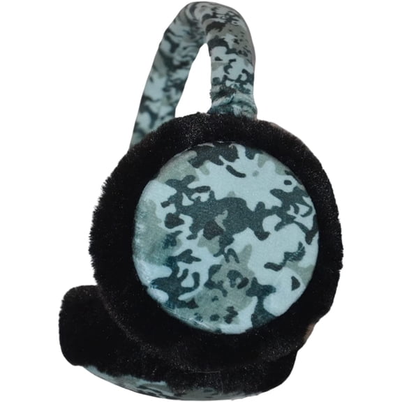 Green Camo Fluffy Ear Muffs for Men and Women, Fuzzy Adult Earmuffs, Adjustable Winter Ear Warmer Headband