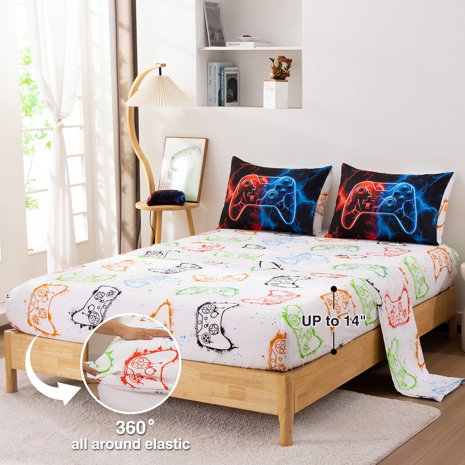 Btargot 3 Piece Lighting Game Red Blue Comforter Set Twin Neon Gamepad Kids Boys Bedding Set