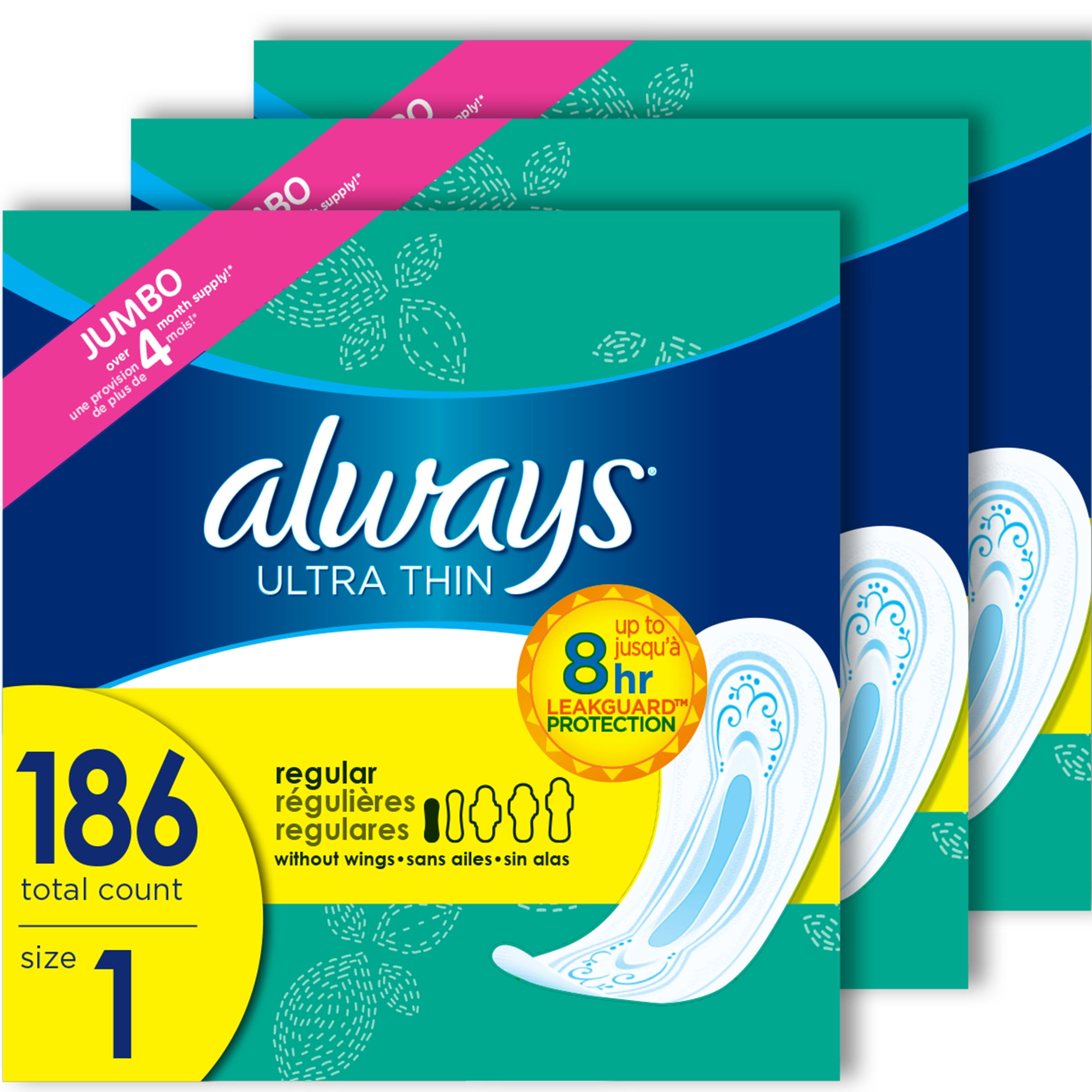 Always Ultra Thin Regular Pads with Wings, Unscented, Size 1, 186 Ct