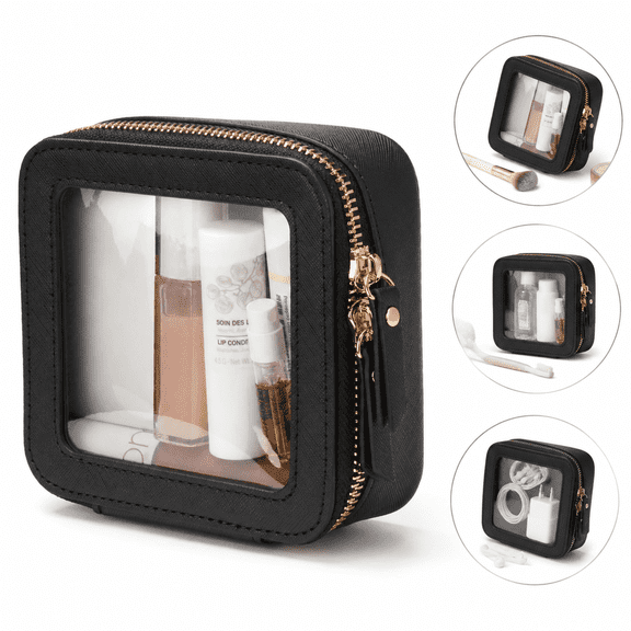 Small Clear Makeup Bag, Mini Makeup Bag, Purse Organizer Insert, Waterproof PU Leather Transparent Square Pouches for Purse, Clear Purse Tiny Zipper Toiletry Organizer for Travel Car Essentials
