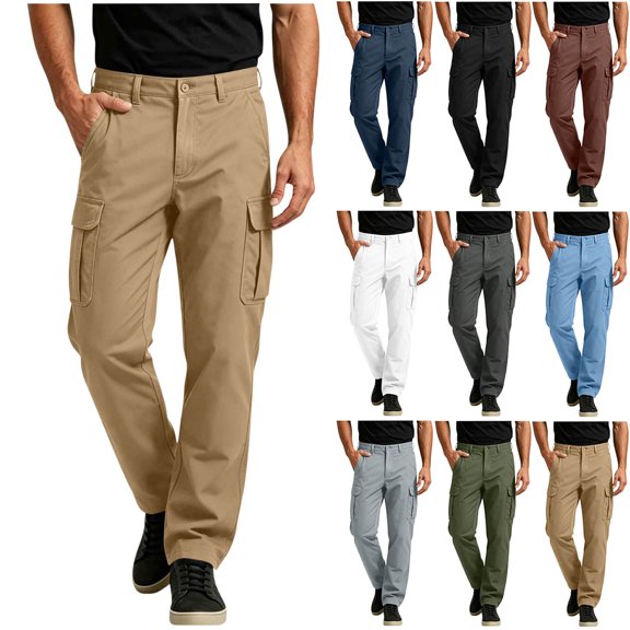 Joggers for Men Casual Fashion Solid Color Long Pants with Pocket Elastic Waist Straight Leg Workwear Cargo Long Pants