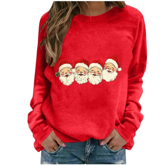 Christmas Sweatshirt for Women Santa Claus Snug Long Sleeve Crew Neck Pullover Red 2XL