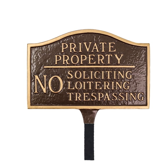 Private Property, No Soliciting, No Loitering Small Soft Arch Statement Plaque with Lawn Stake - Oil Rubbed/Gold