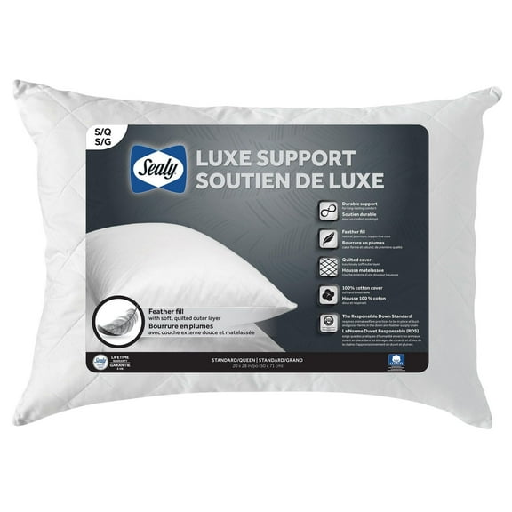 Oreiller de Lit Sealy Luxe Support, Housse en Coton Matelassé et Doux, Rembourrage en Plumes