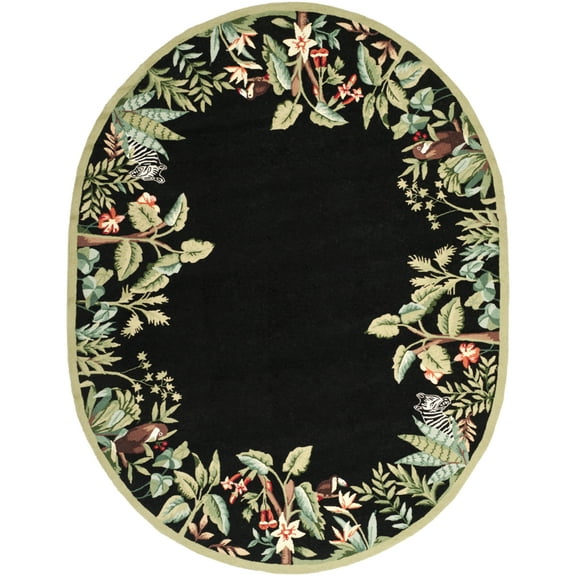 SAFAVIEH Chelsea Deloris Animal Lovers Wool Area Rug, Black/Green, 7'6" x 9'6" Oval