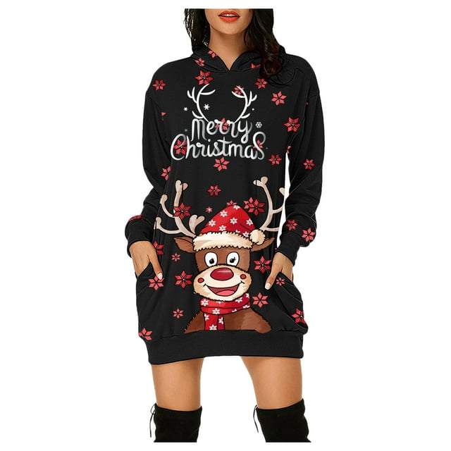 Noël Femmes Sweat-Shirt Mi-Longue Fermeture Outwear Long Sleeve Xmas Pull Vacances Impression Pull Capuche Mode Veste Chaud Col Rond Cardigan