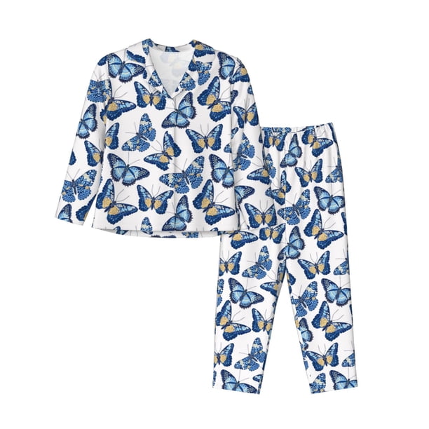 Balery Beautiful Butterflies Conjunto de Pijama con Estampado para Mujer, Conjunto de Dos Piezas con Manga Larga, Ropa de Dormir Suave con Bolsillos, Pijamas Cómodos-Medium