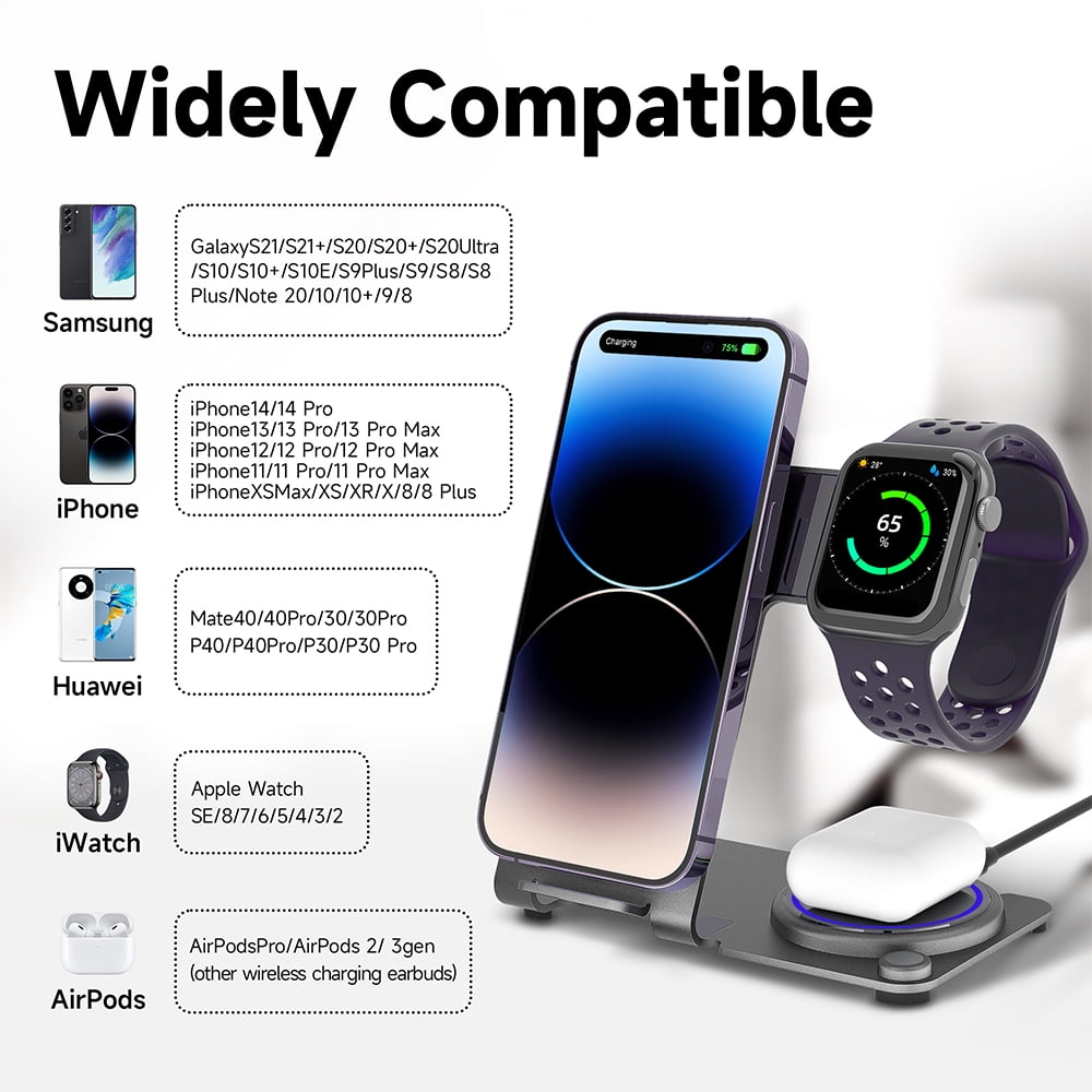 Wireless Charger, Aluminum Alloy 3 in 1 Wireless Charging Station for Apple iPhone/iWatch/Airpods,iPhone 14,13,12,11 (Pro, ProMax)/XS/XR/XS/X/8(Plus),iWatch8/7/6/SE/5/4/3/2,AirPods 3/2/pro