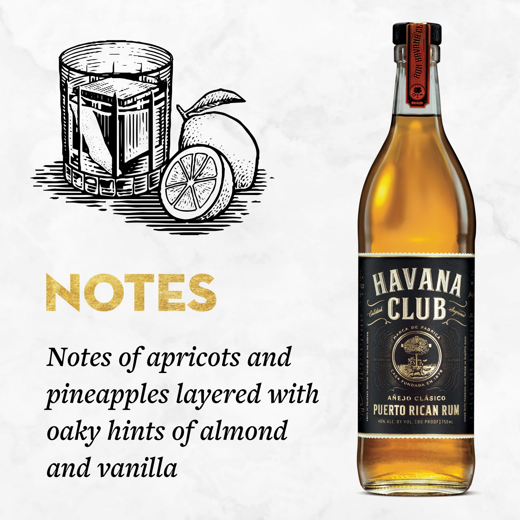 HAVANA CLUB Anejo Clasico Rum, Gold Rum, 750 mL Bottle, ABV 40