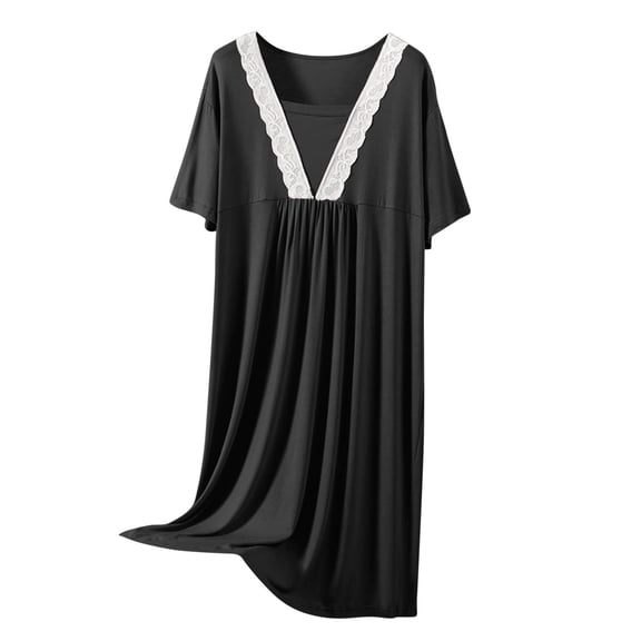 Hrsba Plus Size Lace Sleep Dress Womens Solid Color Crew Neck Nightgown Loose Long Style Soft Comfortable Breathable Lightweight Summer Casual Home Loungewear